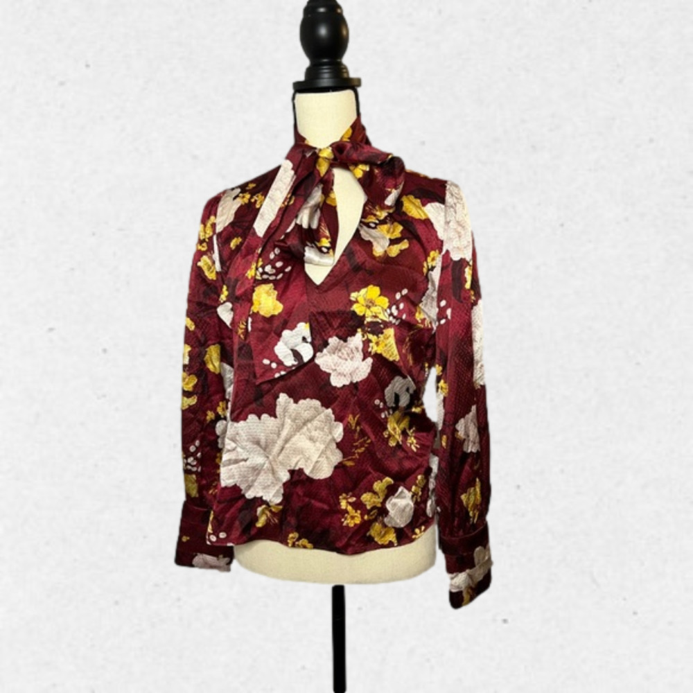 Alice + Olivia Maroon Floral Blouse with Neck Tie